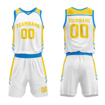 Custom Basketball Jersey Uniform Suit Printed Your Logo Name Number White-Blue-Yellow