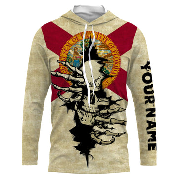 Florida Flag Skull Fish On Custom Long Sleeve Performance, Personalized Patriotic Fishing Gifts TTN74