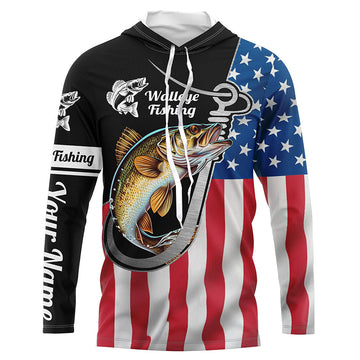 Walleye Fishing American Flag Fish Hook Custom Long Sleeve Tournament Fishing
