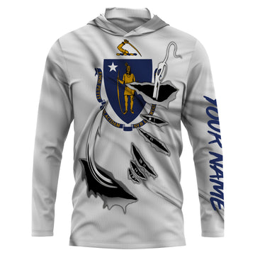 Massachusetts Flag 3D Fish Hook UV Protection Custom Long Sleeve performance Fishing IPHW494