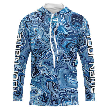 Turquoise Blue Camo Custom Long Sleeve Performance Fishing, Blue Camouflage Fishing