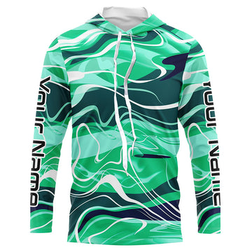 Green Water Waves Camo Custom Long Sleeve Performance Fishing Women, Fishing