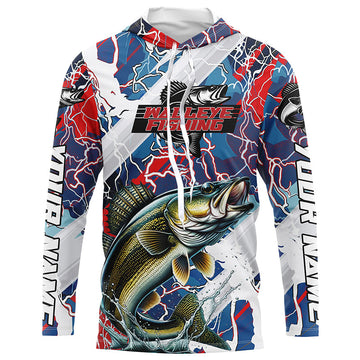 Red, White And Blue Lightning Camo Custom Walleye Long Sleeve Tournament Fishing