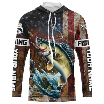 Custom Walleye Long Sleeve Fishing, Patriotic Amerian Flag Walleye Fishing