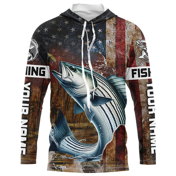 Custom Striped Bass Long Sleeve Fishing, Patriotic Amerian Flag Striper Fishing