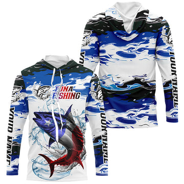 Custom Patriotic Tuna Fishing Camo, American Flag Tuna Long Sleeve Saltwater Fishing