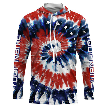 Red White and Blue American Tie dye Flag Custom UV Long Sleeve Fishing, Patriotic Fishing