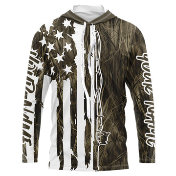 Custom US Fishing Rod Grass Camo Patriotic Long Sleeve Hooded Fishing