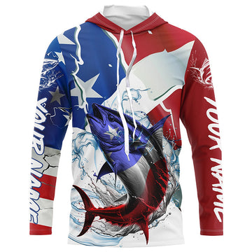 Tuna Fishing American Flag Custom Performance Long Sleeve Fishing, Patriotic Fishing Gifts