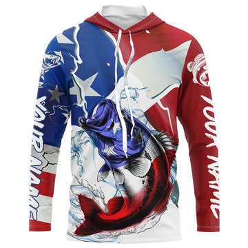 Bass Fishing American Flag Custom Performance Long Sleeve Fishing, Patriotic Fishing Gifts