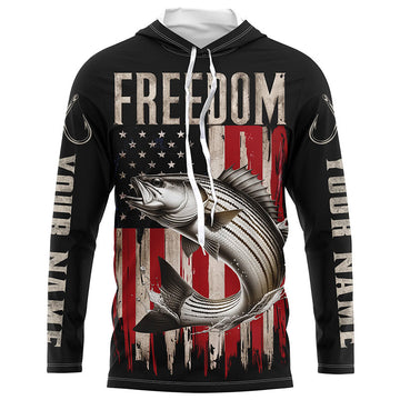 Personalized Patriotic Striped Bass Long Sleeve Fishing, American Flag Fishing