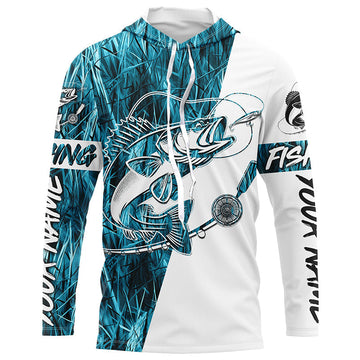 Walleye Fishing Tattoo Blue Camo Custom Long Sleeve, Walleye Tournament Fishing
