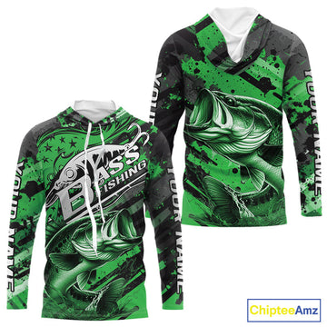Custom Name Green Camo Bass Fishing, Largemouth Bass Long Sleeve Hooded Fishing