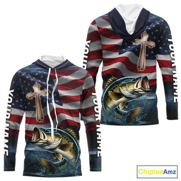 Custom American Flag Cross Faith Largemouth Bass Long Sleeve Hooded Tournament Fishing