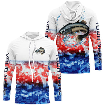 Red White And Blue Tie Dye Background Custom Patriotic Catfish Long Sleeve Fishing
