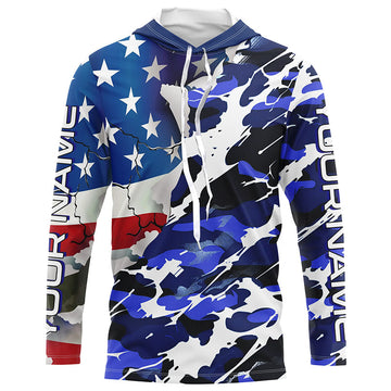 Custom American Flag Blue Camo Long Sleeve, Patriotic Performance Fishing