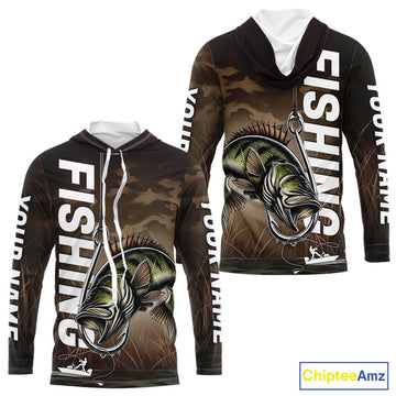 Brown Camouflage Fish Hook Custom Largemouth Bass Long Sleeve Hooded Tournament Fishing