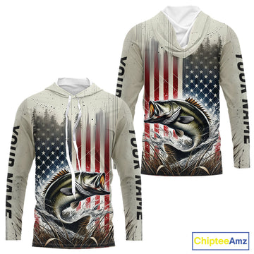 Custom Patriotic US Flag Largemouth Bass Long Sleeve Hooded Fishing, Bass Fishing