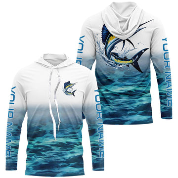 Blue Ocean Background Custom Sailfish Fishing Long Sleeve, Sailfish Saltwater Fishing