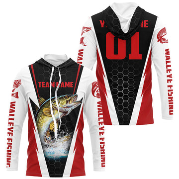 Walleye Fishing Long Sleeve Tournament For Fishing Team With Custom Name And Number | Red