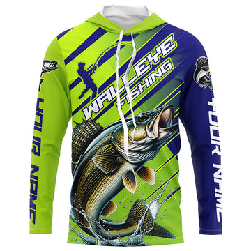 Walleye Fishing Custom Long Sleeve Tournament, Green And Blue Walleye Fishing
