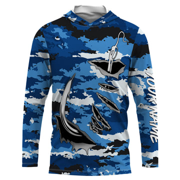 Fishing camo Fish hook Custom Long sleeve performance Fishing, blue camo Fishing