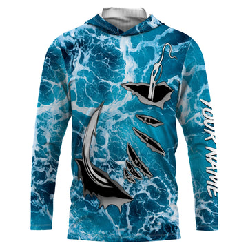 Fishing camo Fish hook Custom Long sleeve performance Fishing, sea waves camo Fishing