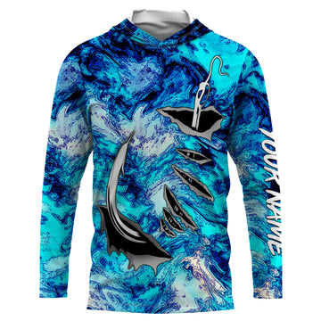 Fishing camo Fish hook Custom Long sleeve performance Fishing, blue camo Fishing