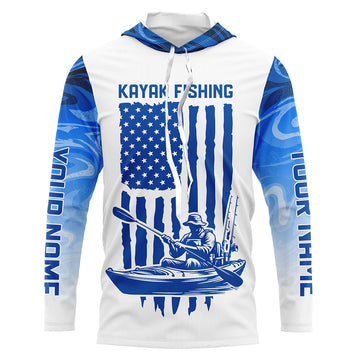 Personalized American Flag Kayak Fishing Long Sleeve Patriotic, Blue Camo Kayak Fishing