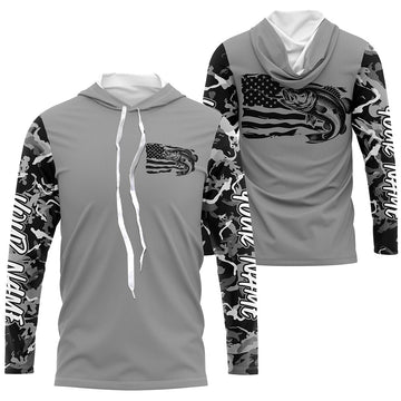 Gray Camo Us Flag Largemouth Bass Custom Patrotic Long Sleeve Fishing, Bass Fishing