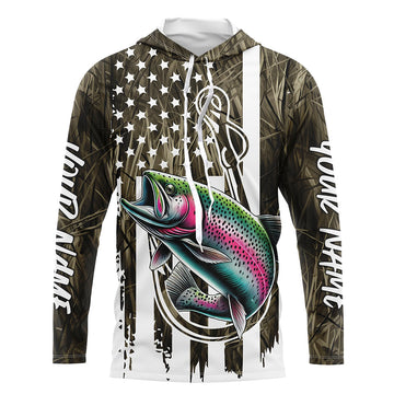 Lake Grass Camo US Flag Custom Rainbow Trout Patriotic Fishing T-Shirts With Name