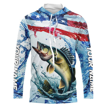 Personalized Patriotic Walleye Long Sleeve Fishing, American Flag Fishing