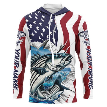 Custom American Flag Striped Bass Long Sleeve Fishing, Patriotic Striper Fishing
