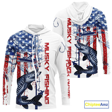 Custom Patriotic Musky Long Sleeve Fishing, Watercolor US Flag Muskie Fishing