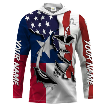 American Texas Flag Fish hook Custom UV Long Sleeve Fishing, women and kids, Patriotic Fishing gifts - IPHW814