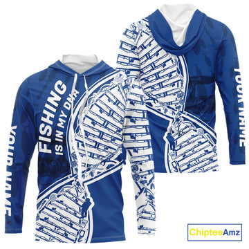 Blue And White Fishing Is In My DNA Custom Long Sleeve Hooded Fishing, Fishing Tools DNA
