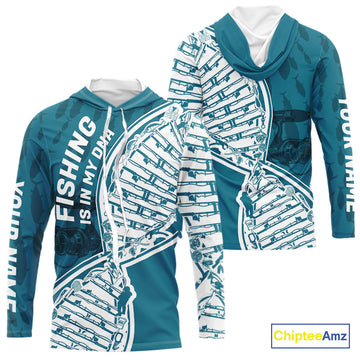 Aqua Blue Fishing Is In My DNA Custom Long Sleeve Hooded Fishing, Fishing Tools DNA