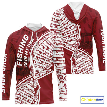 Red And White Fishing Is In My DNA Custom Long Sleeve Hooded Fishing, Fishing Tools DNA