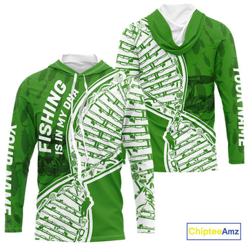 Green And White Fishing Is In My DNA Custom Long Sleeve Hooded Fishing, Fishing Tools DNA