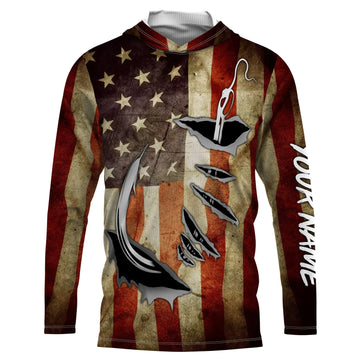 Fish Hook Vintage American Flag Custom Long Sleeve Fishing, Personalized Patriotic Fishing Gifts FEB21 - IPHW661