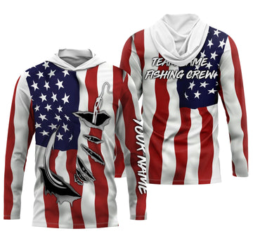 US Fishing Crew 3D Fish Hook American Flag Sun / UV protection quick dry customize name long sleeves personalized Patriotic fishing apparel gift for Fishing team IPH1990