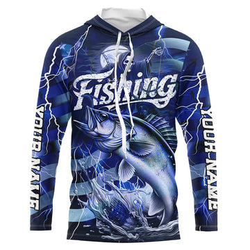 Blue Lightning American Flag Custom Walleye Fishing Long Sleeve, Fish Reaper Fishing