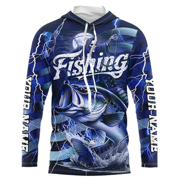 Blue Lightning American Flag Custom Bass Fishing Long Sleeve, Fish Reaper Fishing