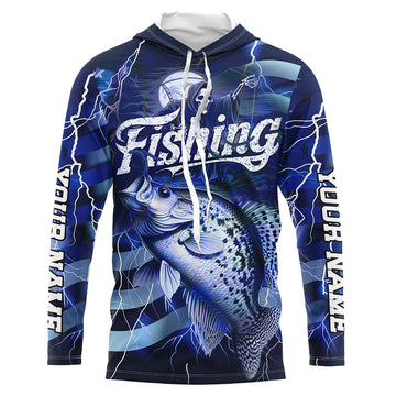 Blue Lightning American Flag Custom Crappie Fishing Long Sleeve, Fish Reaper Fishing