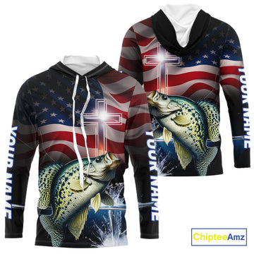 Custom Patrotic Crappie Long Sleeve Hooded Fishing, Faith Crappie Fishing