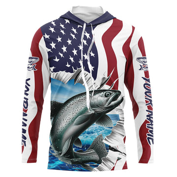 Custom American Flag Chinook Salmon Fishing Long Sleeve, Patriotic Salmon Fishing