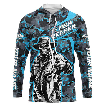 Custom Fish Reaper Skull Bass Long Sleeve Fishing, Bass Hunter Blue Camo Fishing