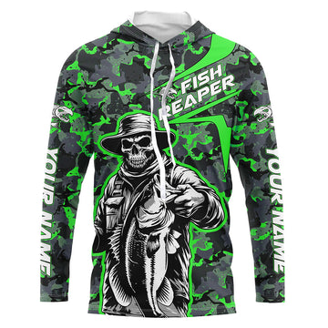 Custom Fish Reaper Skull Bass Long Sleeve Fishing, Bass Hunter Green Camo Fishing