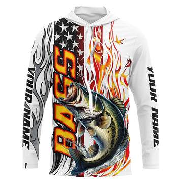Flame American Flag Custom Bass Long Sleeve Fishing, Patriotic Bass Fishing