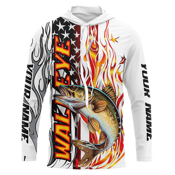 Flame American Flag Custom Walleye Long Sleeve Fishing, Patriotic Walleye Fishing